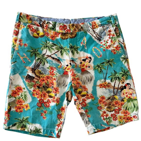 Polo Ralph Lauren Mens Shorts 32 Slim Fit Linen Blend Hula Girl All Over Aloha - Picture 1 of 6